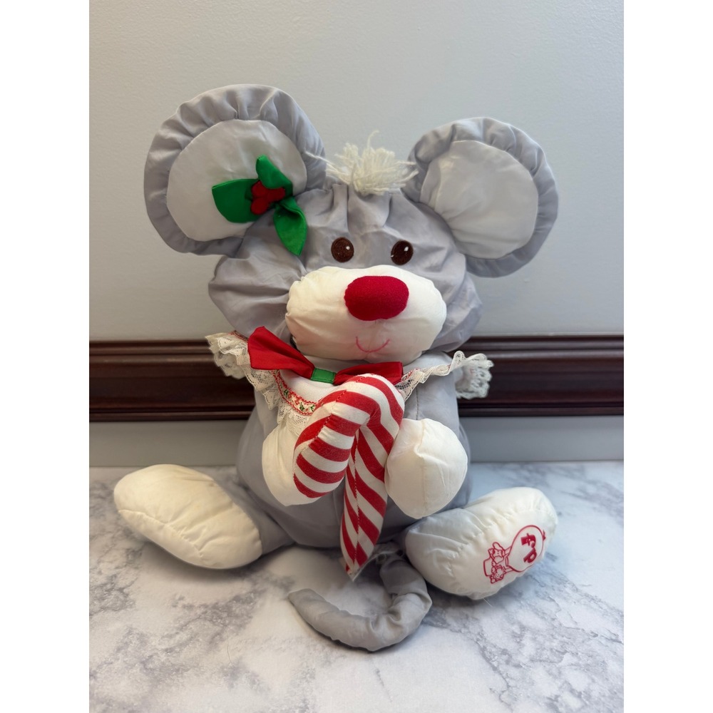 Vintage 1987 Fisher Price Christmas Mouse Plush Candy Cane 8016 Gray Red White - Picture 6 of 14